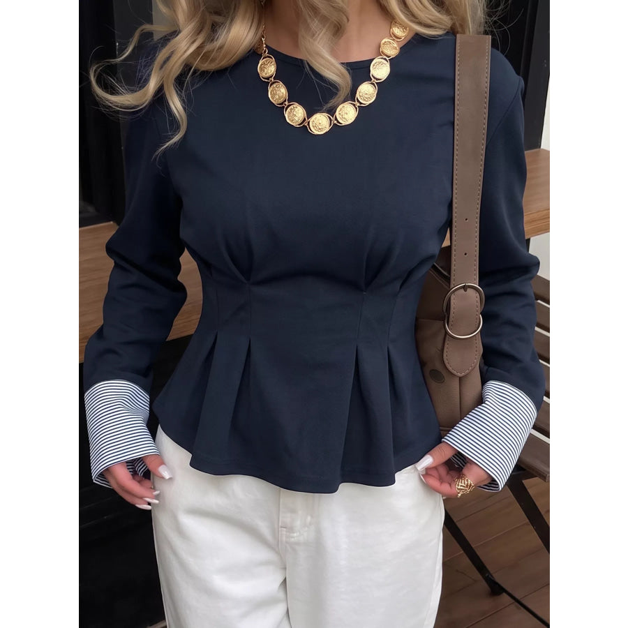 Round Neck Peplum Top with Striped Cuffs Apparel and Accessories