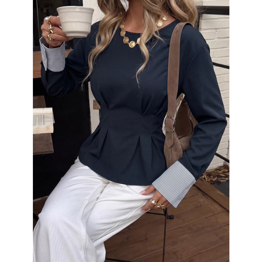 Round Neck Peplum Top with Striped Cuffs Apparel and Accessories