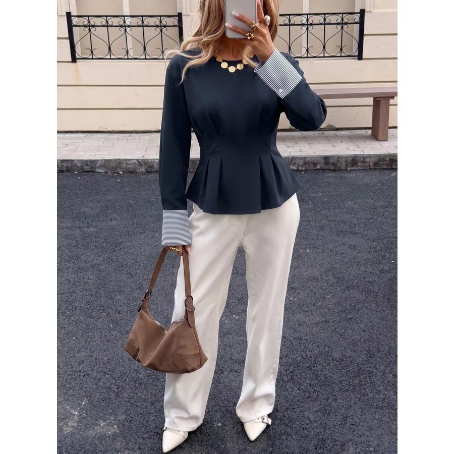 Round Neck Peplum Top with Striped Cuffs Apparel and Accessories