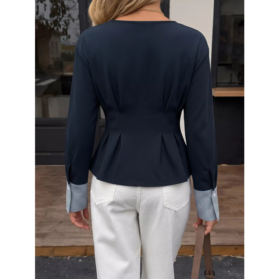 Round Neck Peplum Top with Striped Cuffs Apparel and Accessories