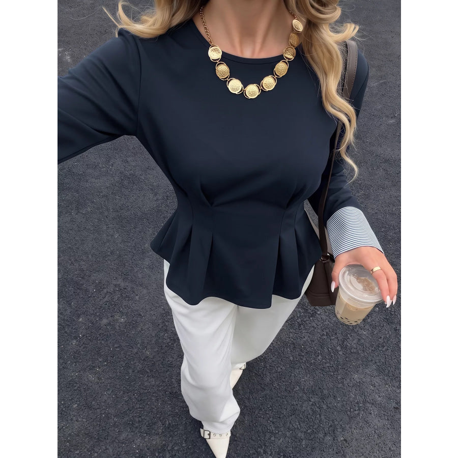 Round Neck Peplum Top with Striped Cuffs Dark Blue / S Apparel and Accessories
