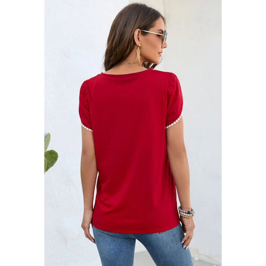 Round Neck Petal Sleeve T-Shirt Red / S Apparel and Accessories