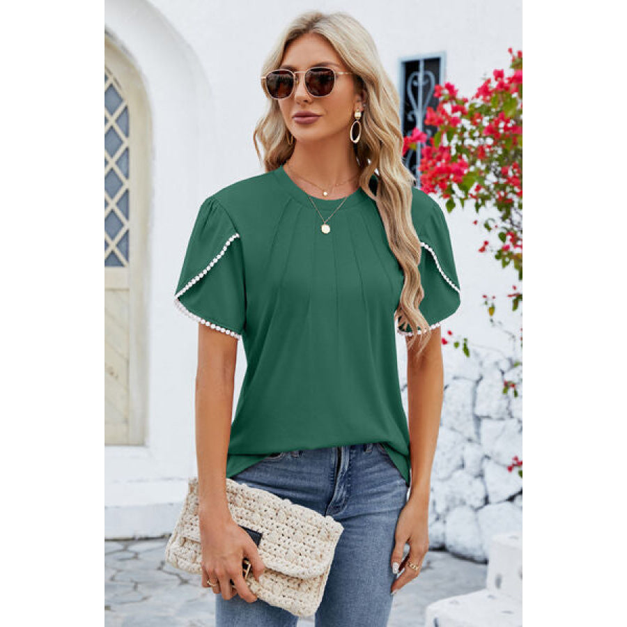 Round Neck Petal Sleeve T - Shirt Green / S Apparel and Accessories