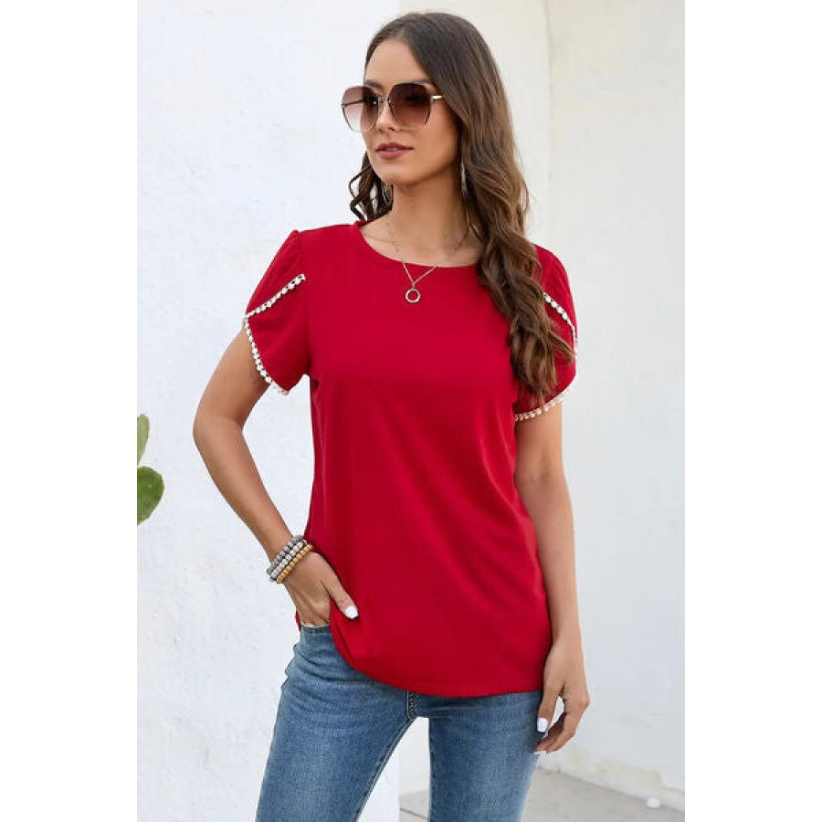 Round Neck Petal Sleeve T-Shirt Red / S Apparel and Accessories