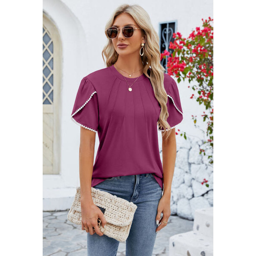 Round Neck Petal Sleeve T - Shirt Wine / S Apparel and Accessories