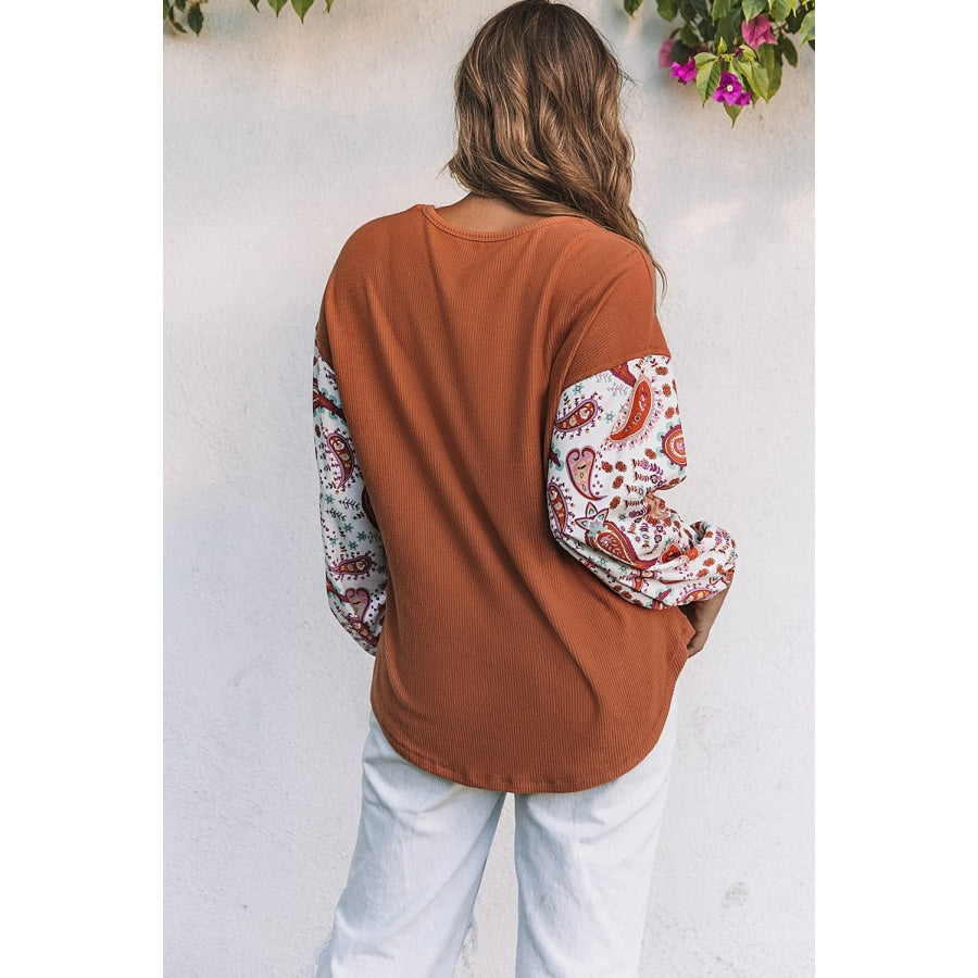 Round Neck Printed Dropped Shoulder Blouse Caramel / S