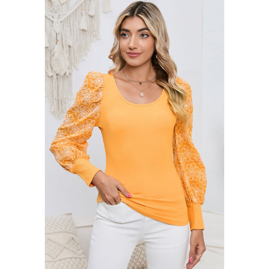 Round Neck Puff Floral Sleeve Blouse Mustard / M