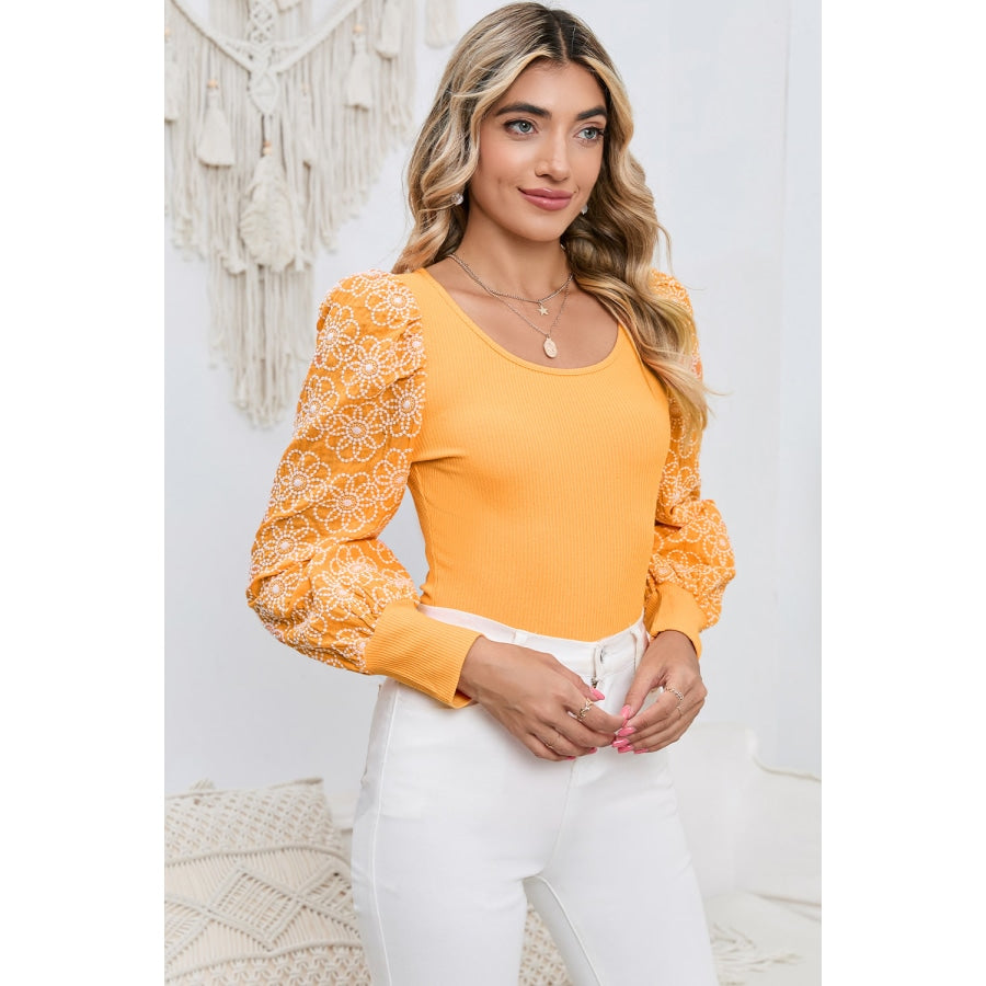 Round Neck Puff Floral Sleeve Blouse