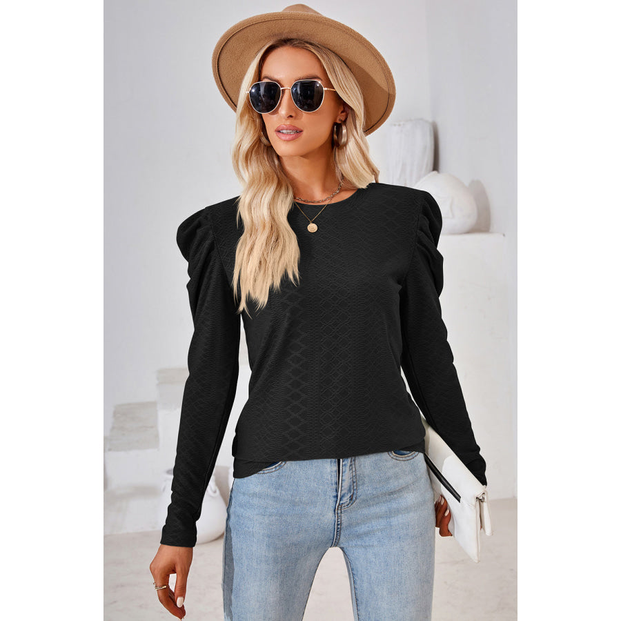 Round Neck Puff Sleeve Blouse Apparel and Accessories