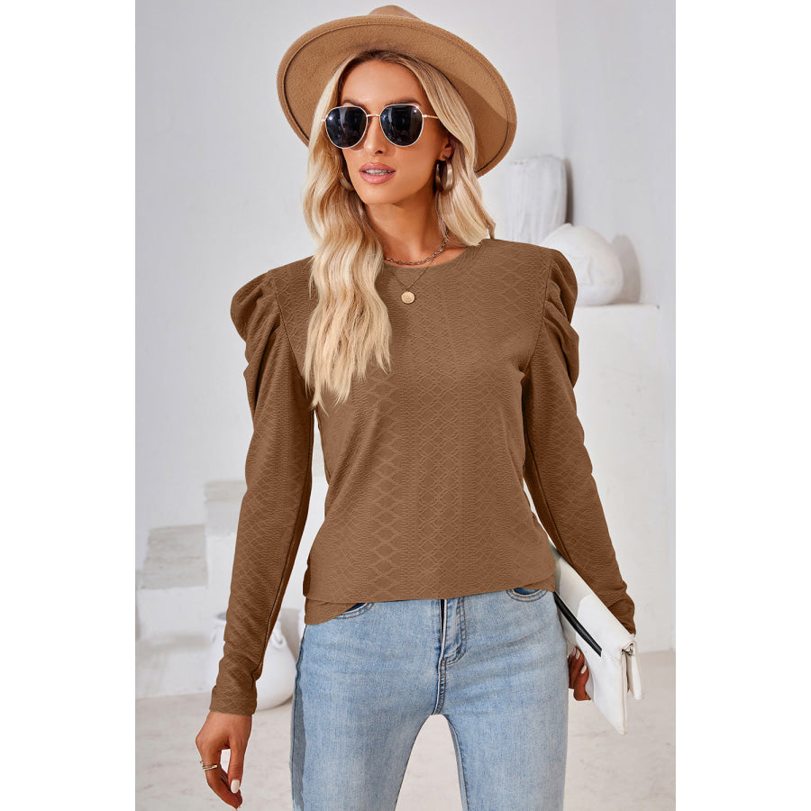 Round Neck Puff Sleeve Blouse Apparel and Accessories