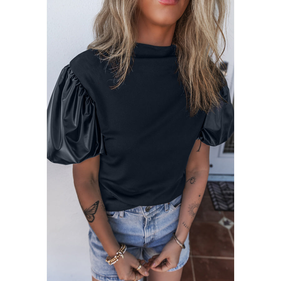 Round Neck Puff Sleeve Blouse Black / S Apparel and Accessories