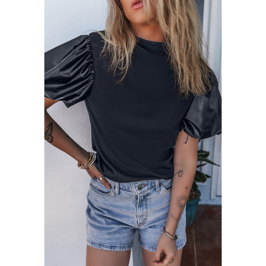 Round Neck Puff Sleeve Blouse Apparel and Accessories