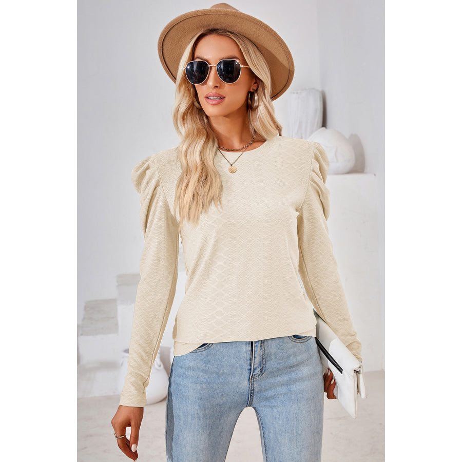 Round Neck Puff Sleeve Blouse Apparel and Accessories