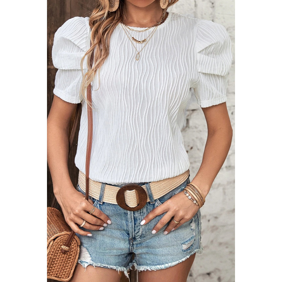 Round Neck Puff Sleeve Blouse Apparel and Accessories