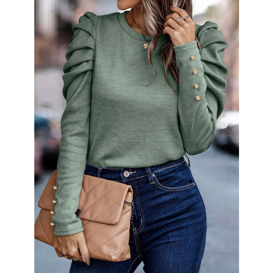 Round Neck Puff Sleeve Sleeve Blouse Apparel and Accessories