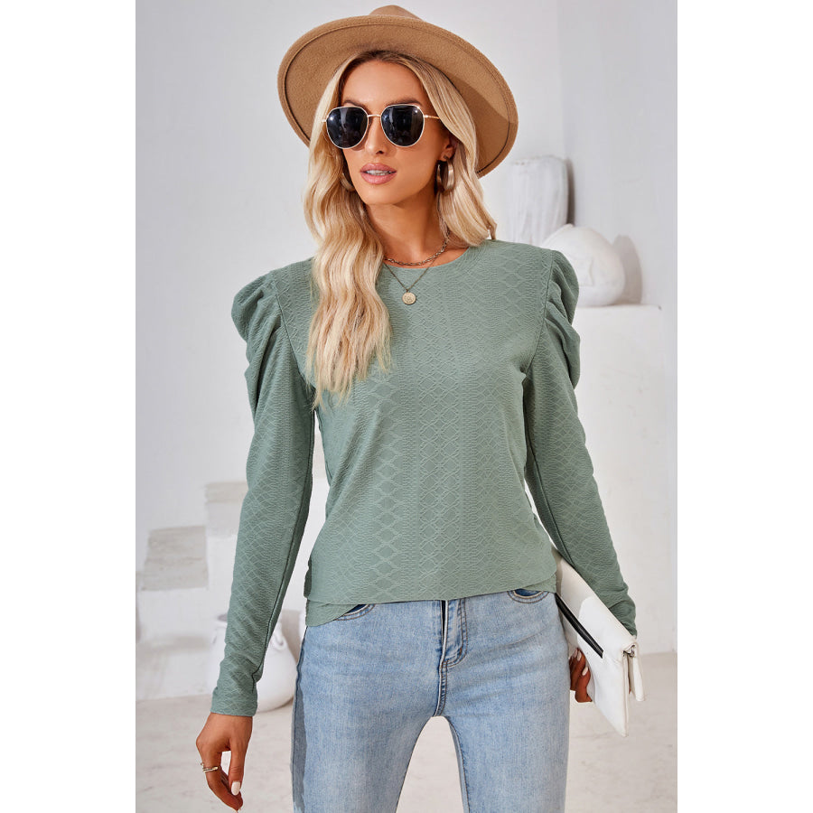 Round Neck Puff Sleeve Blouse Apparel and Accessories