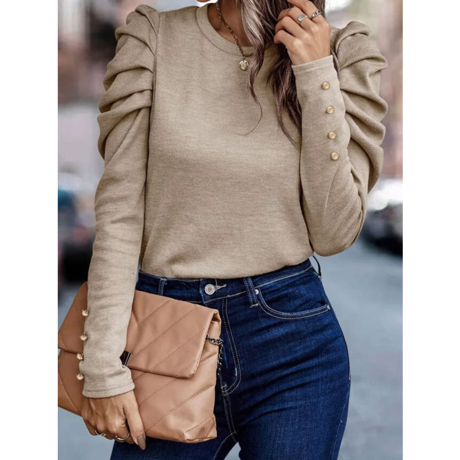 Round Neck Puff Sleeve Sleeve Blouse Apparel and Accessories