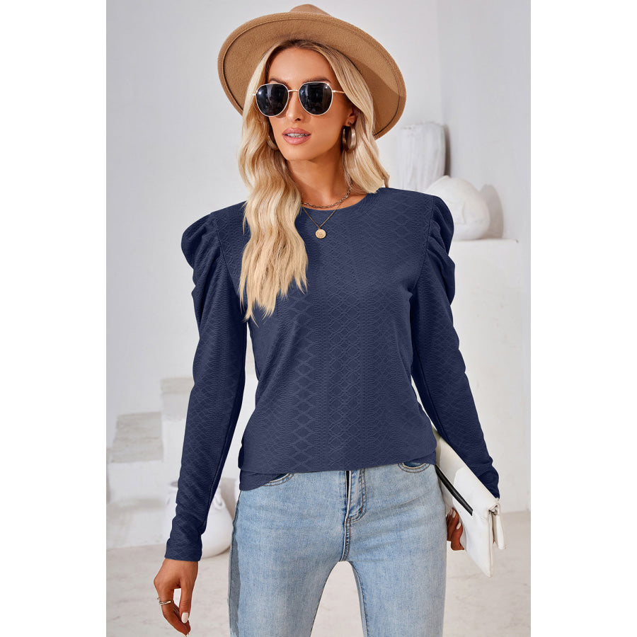 Round Neck Puff Sleeve Blouse Apparel and Accessories