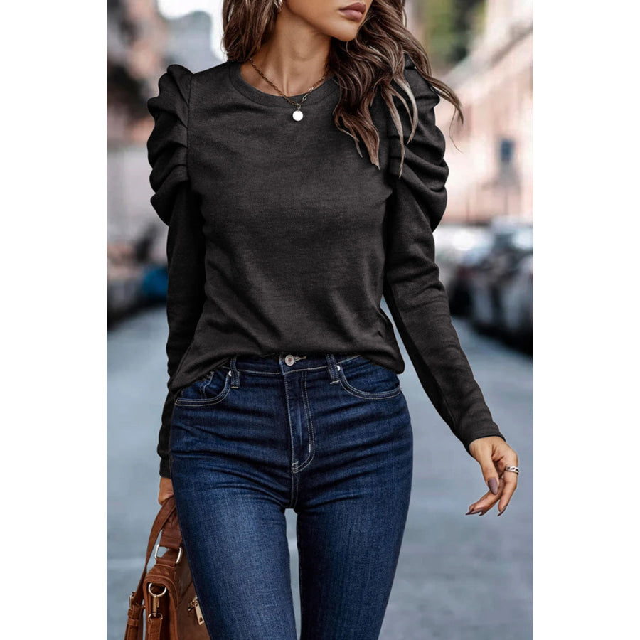 Round Neck Puff Sleeve Sleeve Blouse Apparel and Accessories