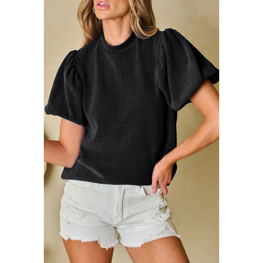 Round Neck Puff Sleeve Blouse Black / S Apparel and Accessories