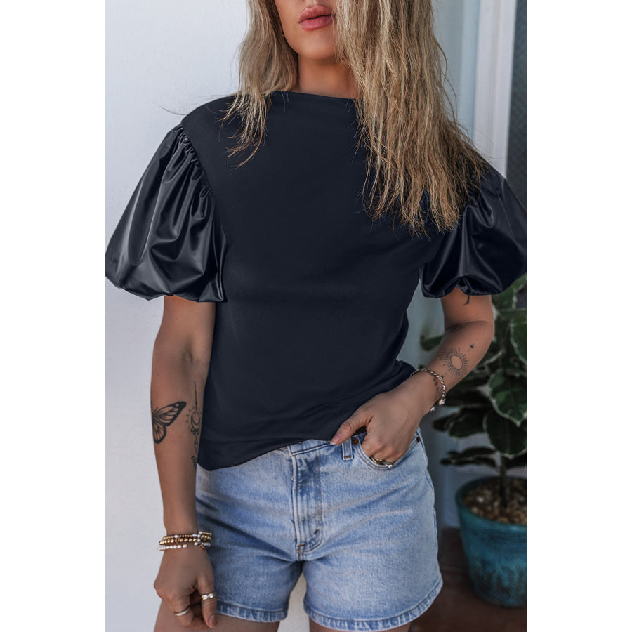 Round Neck Puff Sleeve Blouse Black / S Apparel and Accessories