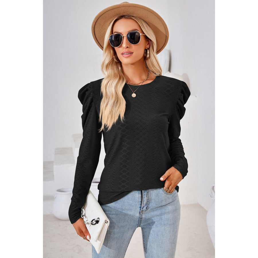 Round Neck Puff Sleeve Blouse Black / S Apparel and Accessories