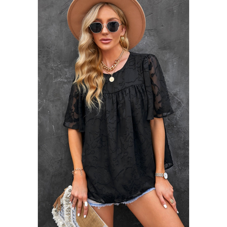 Round Neck Puff Sleeve Blouse Black / S