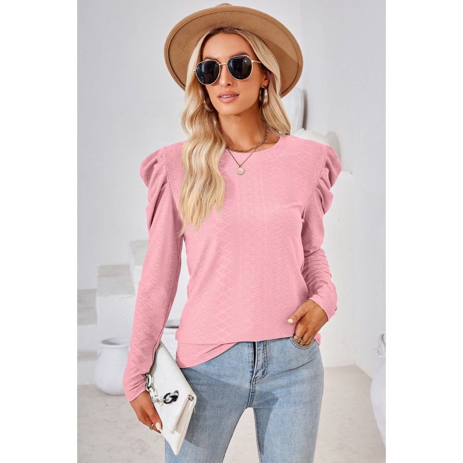 Round Neck Puff Sleeve Blouse Blush Pink / S Apparel and Accessories