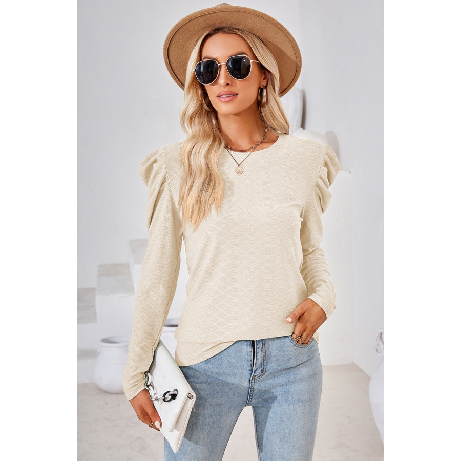 Round Neck Puff Sleeve Blouse Cream / S Apparel and Accessories