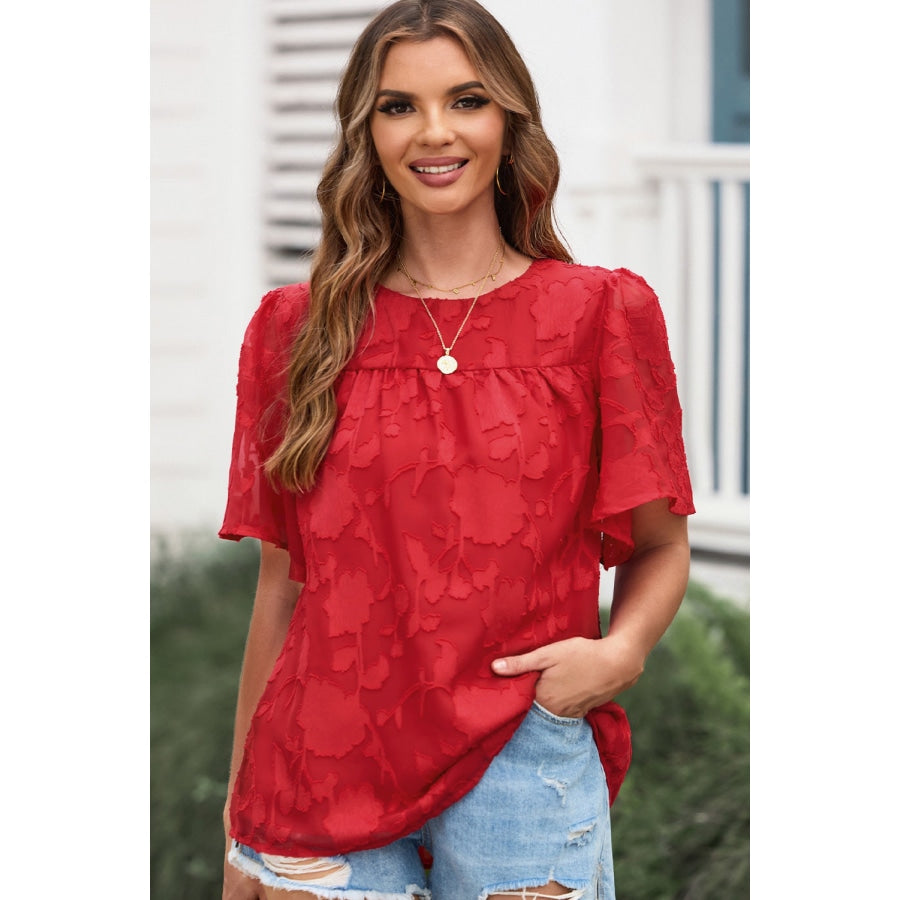 Round Neck Puff Sleeve Blouse Deep Red / S