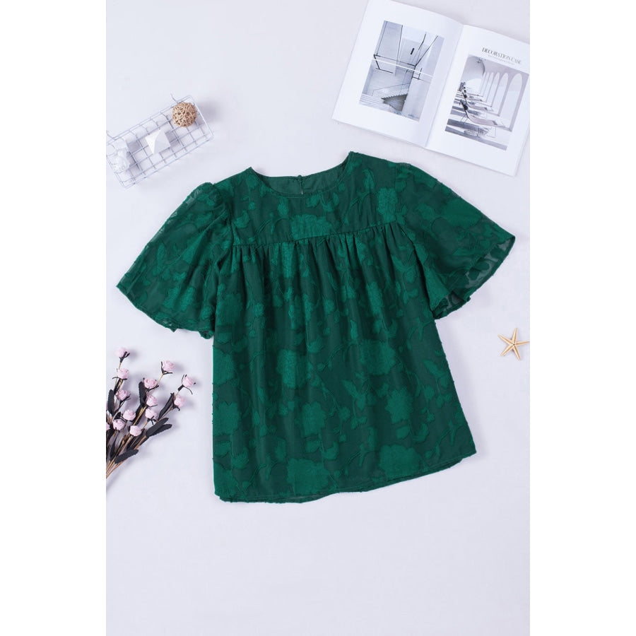 Round Neck Puff Sleeve Blouse Green / S