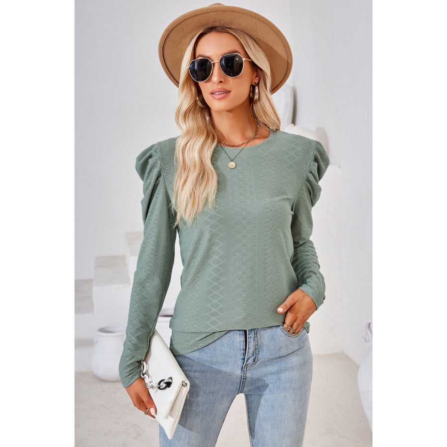 Round Neck Puff Sleeve Blouse Gum Leaf / S Apparel and Accessories