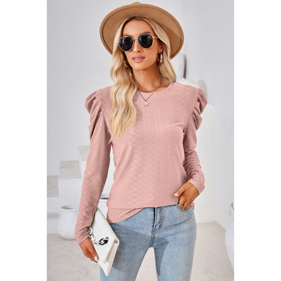 Round Neck Puff Sleeve Blouse Light Mauve / S Apparel and Accessories