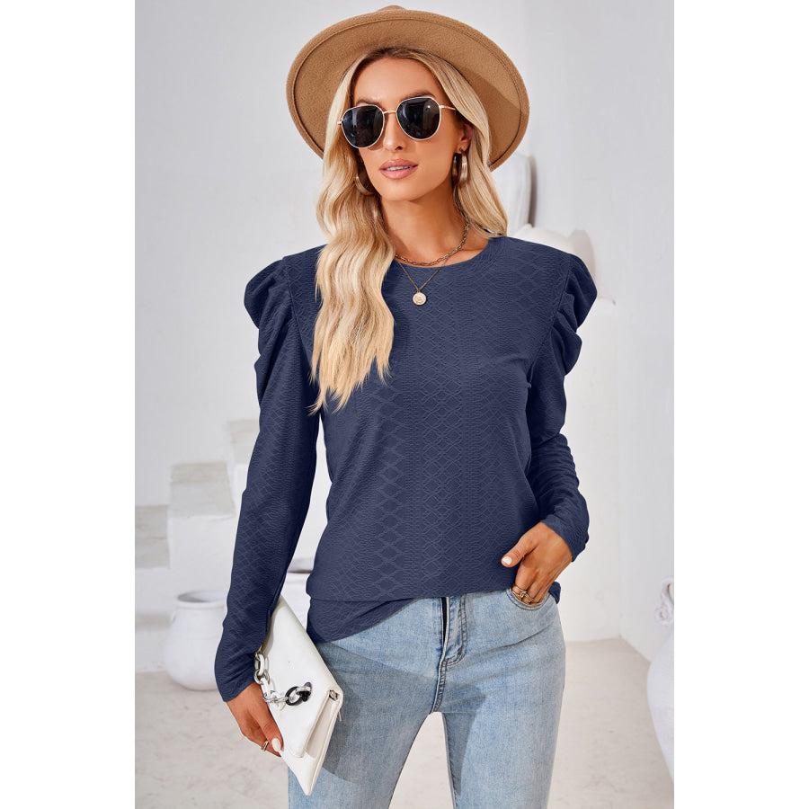 Round Neck Puff Sleeve Blouse Navy / S Apparel and Accessories