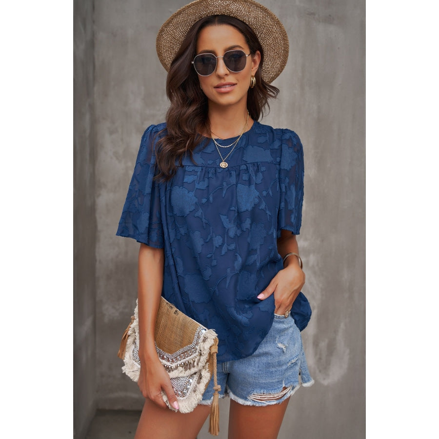 Round Neck Puff Sleeve Blouse Peacock Blue / S