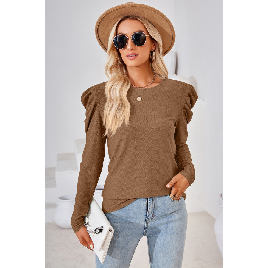 Round Neck Puff Sleeve Blouse Taupe / S Apparel and Accessories