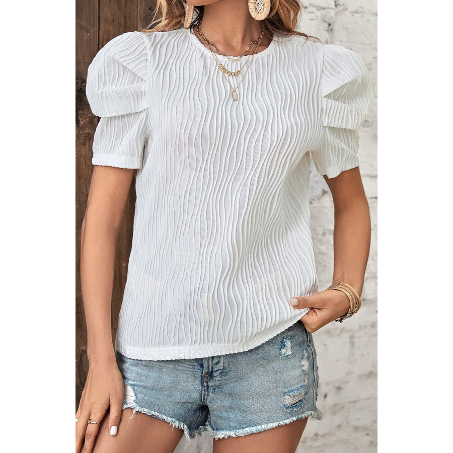 Round Neck Puff Sleeve Blouse White / S Apparel and Accessories