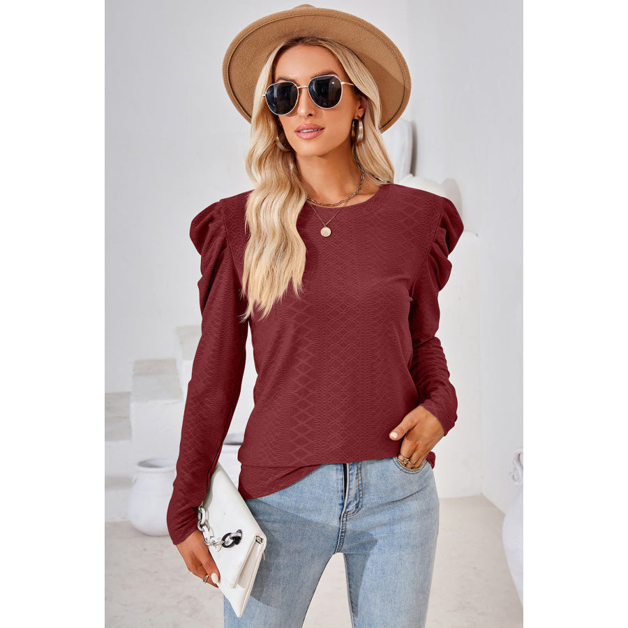 Round Neck Puff Sleeve Blouse Wine / S Apparel and Accessories