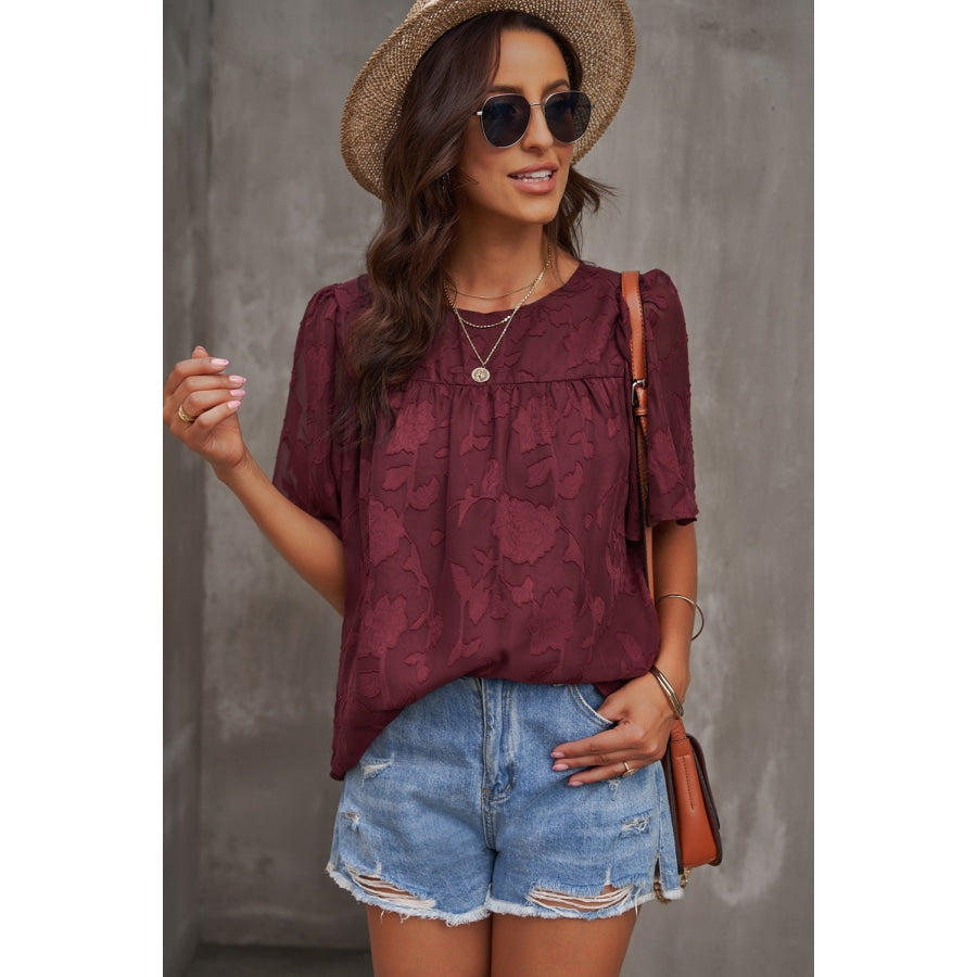 Round Neck Puff Sleeve Blouse Wine / S