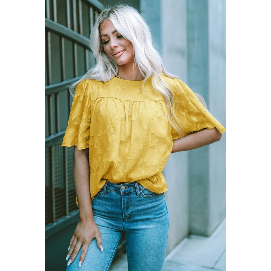 Round Neck Puff Sleeve Blouse Yellow / S