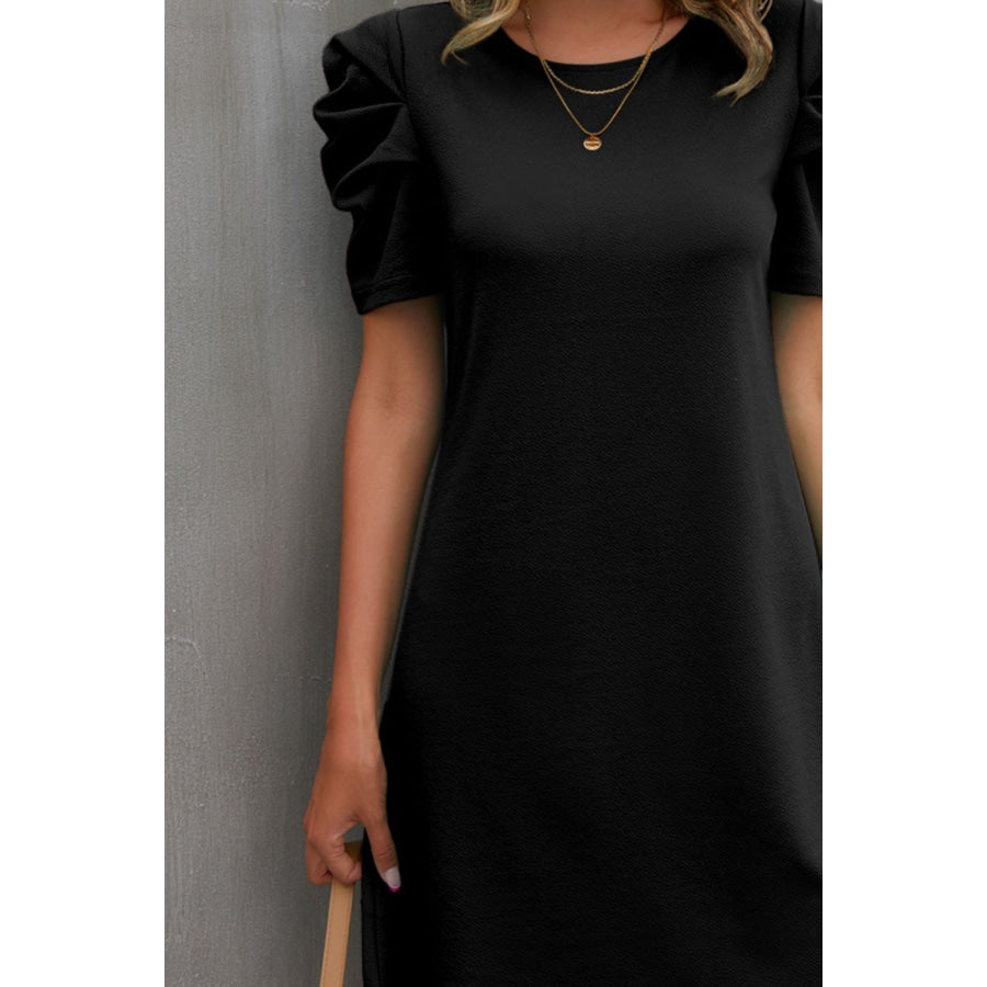 Round Neck Puff Sleeve Mini Dress Apparel and Accessories