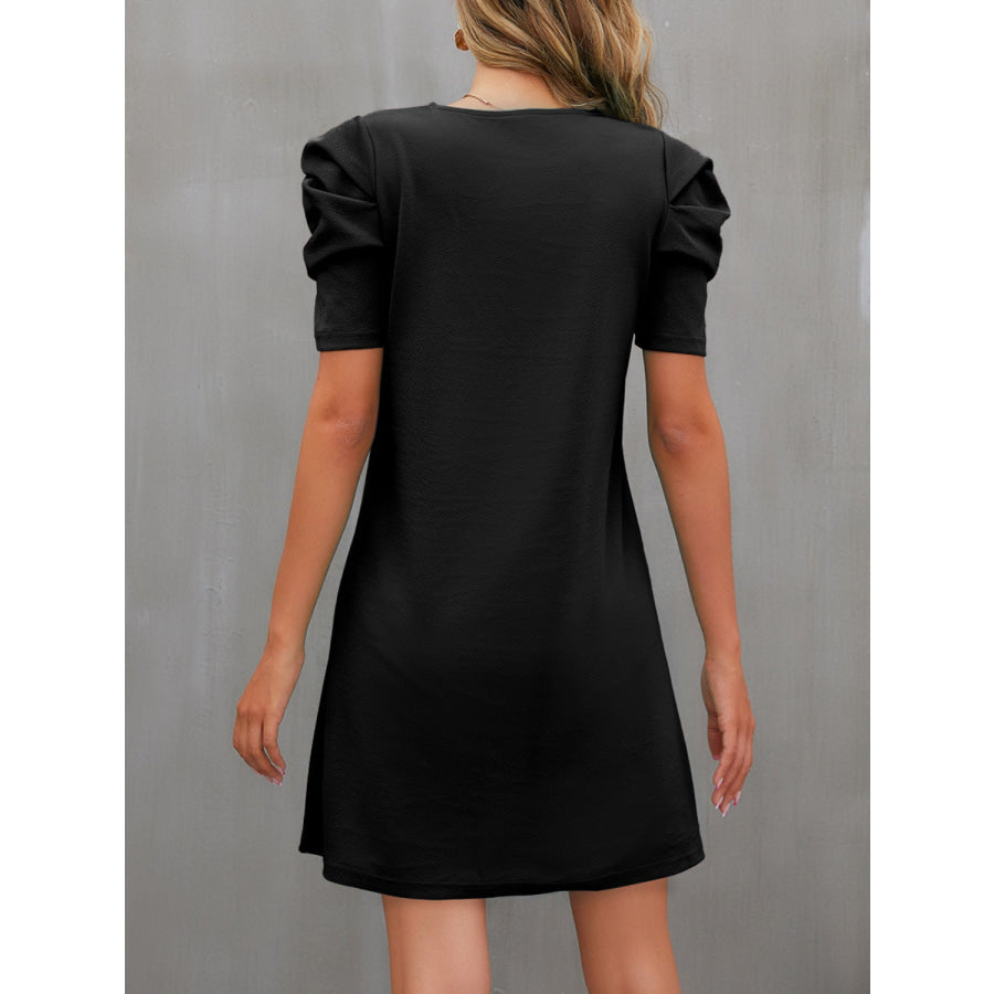 Round Neck Puff Sleeve Mini Dress Apparel and Accessories