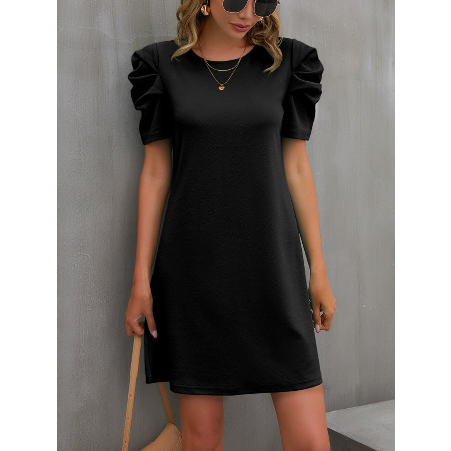 Round Neck Puff Sleeve Mini Dress Black / S Apparel and Accessories