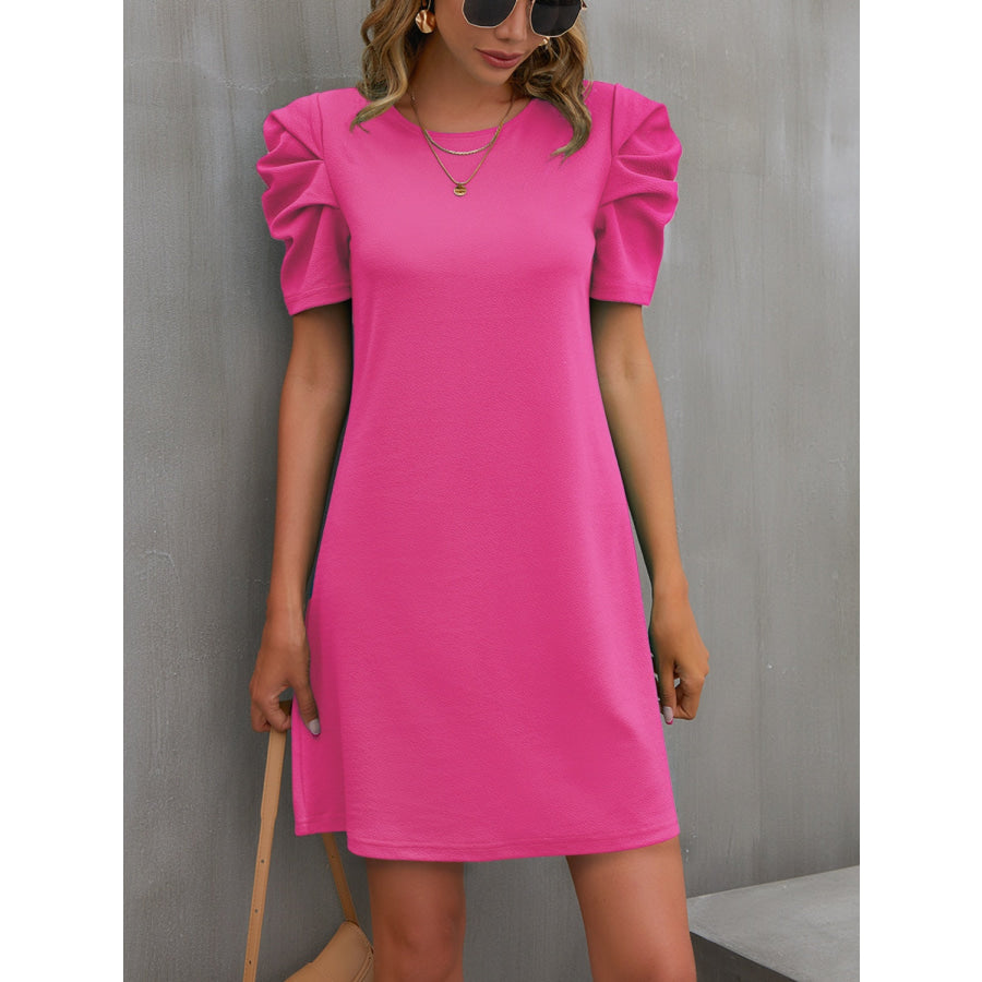 Round Neck Puff Sleeve Mini Dress Deep Rose / S Apparel and Accessories