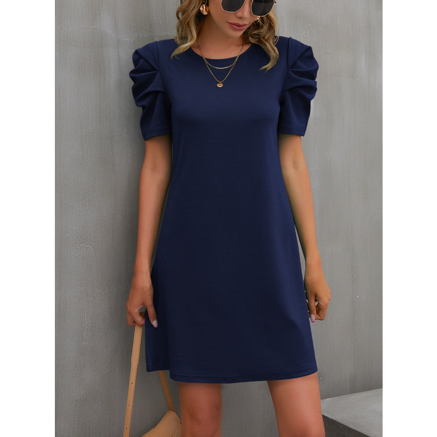 Round Neck Puff Sleeve Mini Dress Navy / S Apparel and Accessories