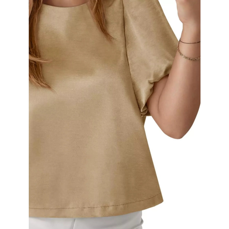 Round Neck Puff Sleeve Satin Top Apparel and Accessories