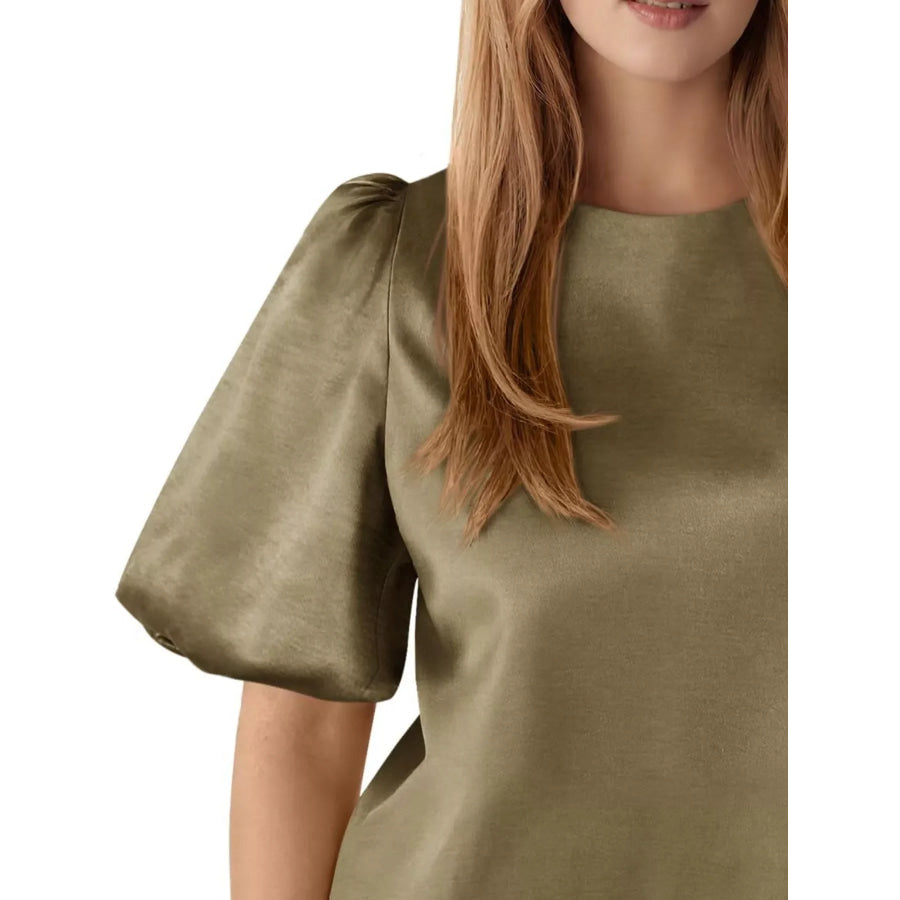 Round Neck Puff Sleeve Satin Top Apparel and Accessories