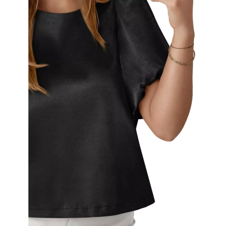 Round Neck Puff Sleeve Satin Top Apparel and Accessories