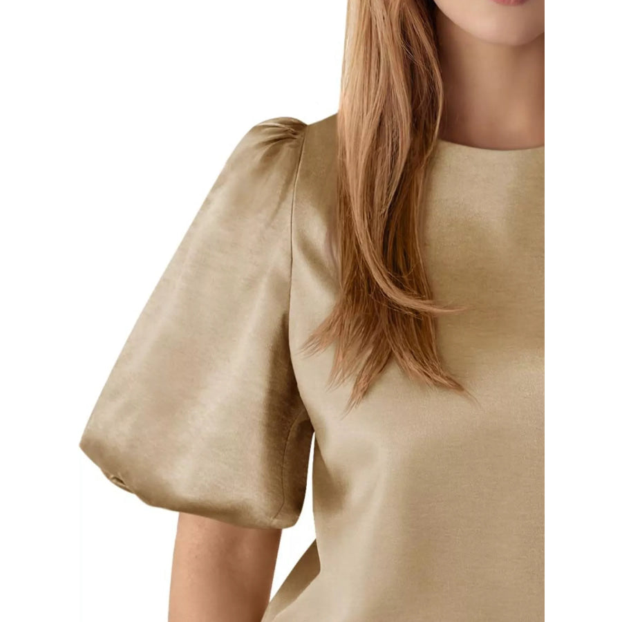 Round Neck Puff Sleeve Satin Top Apparel and Accessories