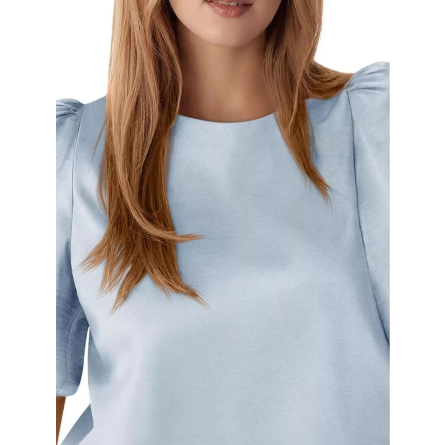 Round Neck Puff Sleeve Satin Top Apparel and Accessories